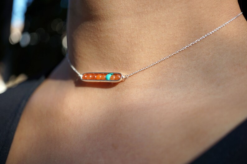 Natural Red Rabbit Hair Quartz in Sterling Silver Fram Geometric and Linear Choker Orange Gfit for Her
