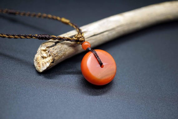 Natural Nanhong Charm, Red Agate Charm Necklace, Round Nanhong Charm, Handmade Cord Necklace 16.5''