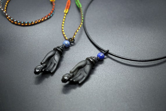 Obsidian Buddha's Hand Holding A Lotus Pendant In Personalized Necklace Healing Peac