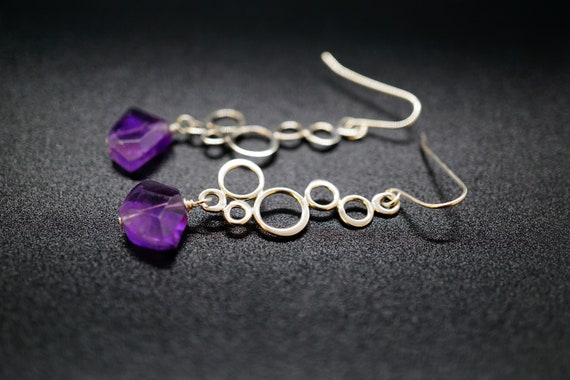 Amethyst Nuggests Earring, Bubble Dangle Earring, Sterling Silver Bubble Earring, Purple Earring