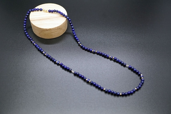 Genuine Lapis Lazuli Beaded Necklace, Gold Filled Beaded Necklace,  Tiny Blue Bead Necklace 18''