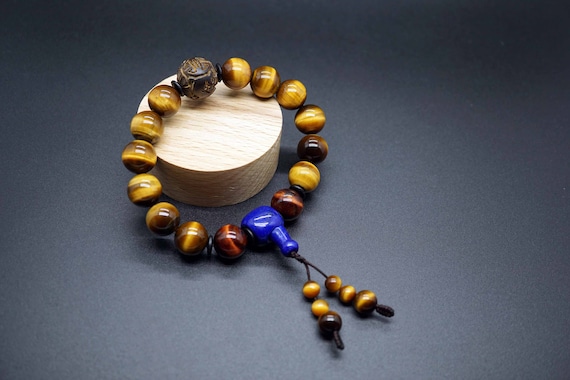 Tigers Eye Bracelet, Lapis Lazuli Charm Bracelet, Gold Tiger Eye Bracelet, 12.2mm
