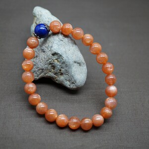 Natural Sunstone Bracelet, Smooth Round Sunstone, Orange Beaded Bracelet, Lapis Bracelet, 8.2mm