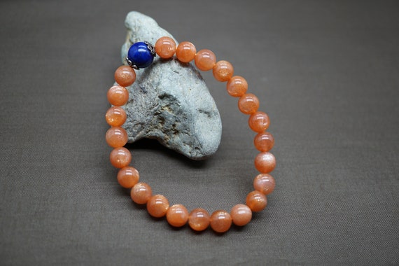 Natural Sunstone Bracelet, Smooth Round Sunstone, Orange Beaded Bracelet, Lapis Bracelet, 8.2mm
