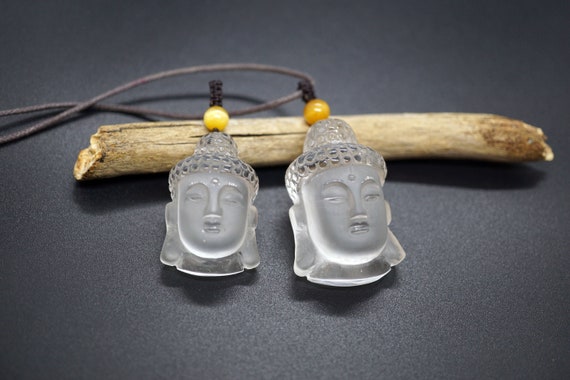 Genuine Clear Quartz Buddha Head Pendant in Adjustable Brown Cord Healing