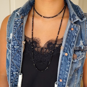 Faceted Black Tourmaline Long Necklace: Knotted Bead, Gold Filled