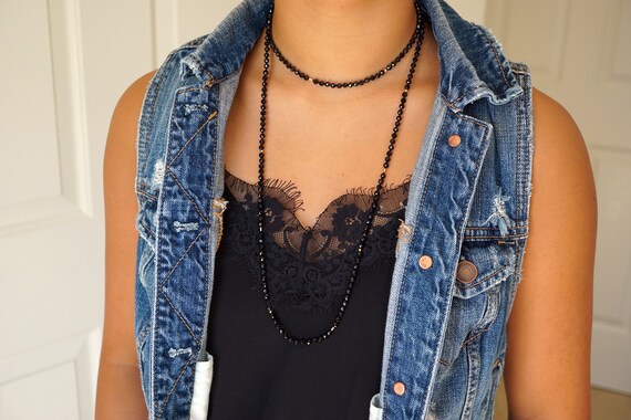 Faceted Black Tourmaline Long Necklace Knotted Black Bead Necklace,Layering Bracelet, Multistrand Necklace