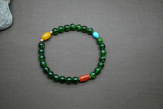 Genuine Chrome Diopside Bracelet, Red Coral Charm, Green Chrome Bracelet, 6.3MM