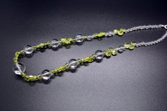 Real Clear Quartz Necklace, Faceted Flat Teardrop Peridot Necklace, Clear and Green Necklace