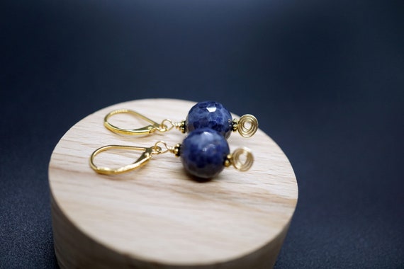 Natural Sapphire Dangle Earrings, Leaverback Spiral Earrings, Dark Navy Sapphire, September Birthstone