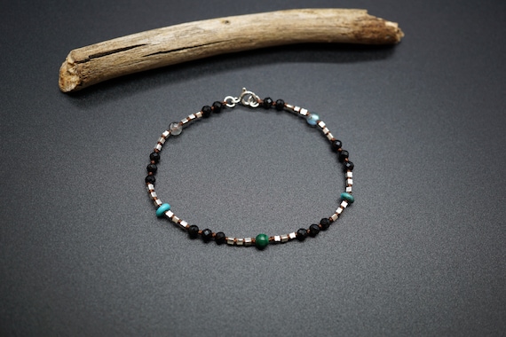 Black Tourmaline Bracelet, Knotted Bead Bracelet, Fine Silver Hill Tribes Bracelet, Turquoise Bracelet 7''