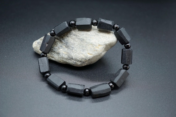 Raw Black Tourmaline Crystal Bracelet, Nugget Bead, Elastic Style
