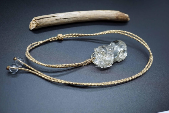 Lemon Quartz Carved with PIXIU Pendant, Adjustable-length Necklace, Gold Cord Necklace, Quartz Piyao Pendant