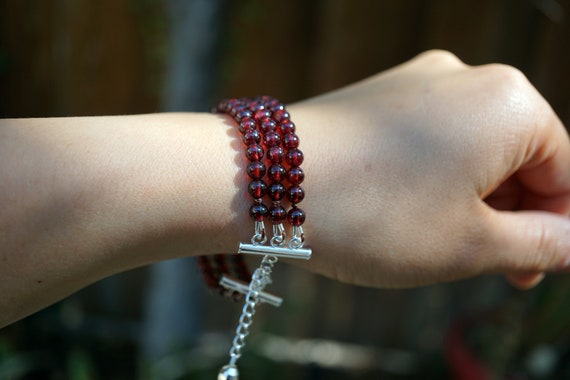Real Almandine Garnet Bracelet, 3 Strand Garnet Bracelet, 3-Strand Sterling Silver Bracelet