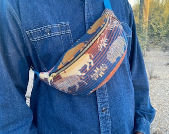 Bison Wool Cross-body bag, Fanny Pack, Unisex Belt Bag, Gender Neutral Bag, Hiking Bag, Dog Walking Bag, Plastic Free, Pendleton fabric