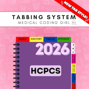 May include: A purple 2026 HCPCS tabbing system for medical coding. The cover features a black spiral binding on the left. Top tabs are labelled INDEX, ANATOMY, TABLES, and APPENDIX. Side tabs include A, B, C, TRANSP, MED SUPP, ADMIN, and ENTER.