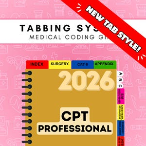 May include: A 2026 CPT Professional medical coding guide with a spiral binding and a tabbing system. The cover is tan with black text and features colorful index tabs labeled Index, Surgery, Cat II, Appendix, and various medical code ranges.