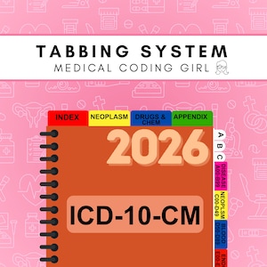 May include: A 2026 ICD-10-CM tabbing system for medical coding. The cover is orange with black spiral binding and features colourful tabs labelled Index, Neoplasm, Drugs & Chem, Appendix, and alphabetical sections on a pink background with medical icons.