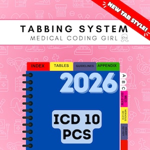 May include: A blue spiral-bound 2026 ICD-10-PCS tabbing system with colourful index tabs labelled Index, Tables, Guidelines, and Appendix. The cover features the text 2026 and ICD 10 PCS, with additional side tabs labelled A, B, C, Med, Nervous, and Heart.