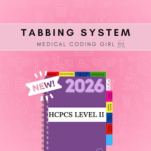 May include: A spiral-bound medical coding book for 2026, with tabbed sections for HCPCS Level II. The cover is purple, with the text "HCPCS LEVEL II" and "2026". A "NEW!" banner is displayed. The background is pink with medical-themed icons.