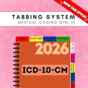 May include: A 2026 ICD-10-CM medical coding tabbing system with a brown cover, black spiral binding, and colorful index tabs labeled Index, Neoplasm, Drugs & Chem, and Appendix, plus side tabs for A, B, C, Disease, Neoplasm, Blood, and Endocrine.