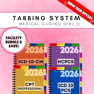 May include: A tabbing system for medical coding books featuring four spiral-bound manuals labelled 2026. The set includes ICD-10-CM, HCPCS, CPT Professional, and ICD-10-PCS manuals with colourful index tabs. Text includes NEW TAB STYLE, TABBING SYSTEM, MEDICAL CODING GIRL, and FACILITY BUNDLE & SAVE.