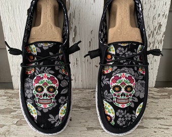 Custom Black Sugar Skull Hey Dude Shoe - Women’s