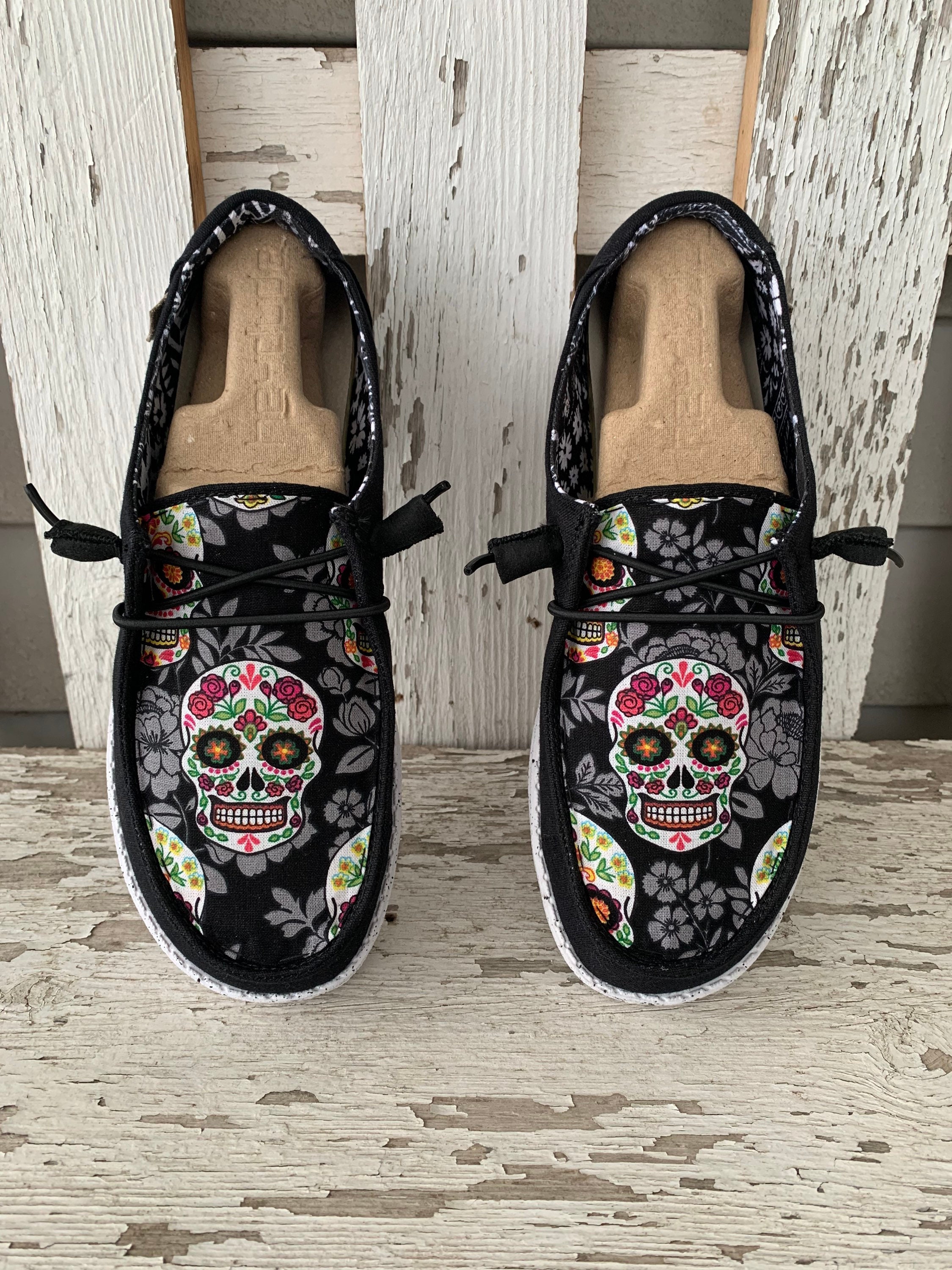 Custom Black Sugar Skull Hey Dude Shoe - Women's - Etsy