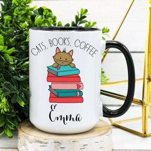 PERSONALIZED Books and Cats Lovers Mug, Crazy Cat Lady Mug, Book Lover Mug, Cat Lover Gift, Book Lover Gift, Coffee and Cats Gift, Cat Mom