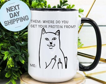 Funny Cat Coffee Mug Gift, Mug Vegetarian Gift, Gift for Vegetarian, Vegan Gift, Gift for Her, Gift for Him, Middle Fingers Up