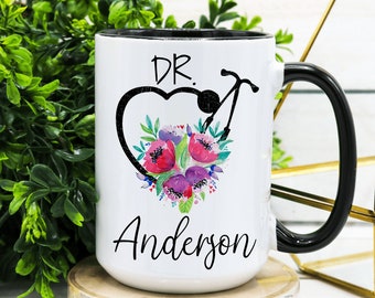 Personalized Stethoscope Floral Coffee Mug, Doctor Graduation Gift