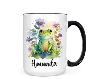 Personalized Floral Frog Coffee Mug: Custom Name Gift
