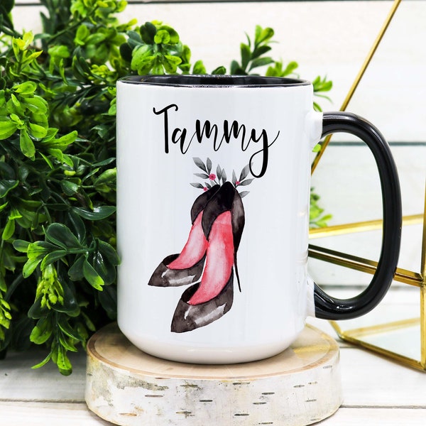 PERSONALIZED Shoe Lover Coffee Mug, Shoe Lover Gift, Stiletto Shoes, High Heels Gift, Shoe Lover, Gift for Her, Black High Heels Red Bottoms