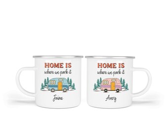 Personalized Home is Where We Park It Enamel Mug, Camping Mug, Outdoor Camper Coffee Cup