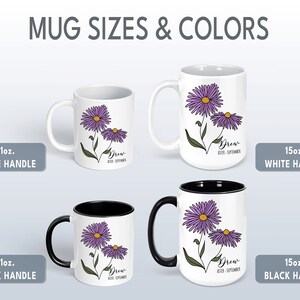 Puede incluir: Cuatro tazas con fondo blanco y dise&ntilde;o de flores moradas. Las tazas est&aacute;n disponibles en dos tama&ntilde;os: 11 oz y 15 oz. Las tazas tambi&eacute;n tienen dos colores de asas: blanco y negro.