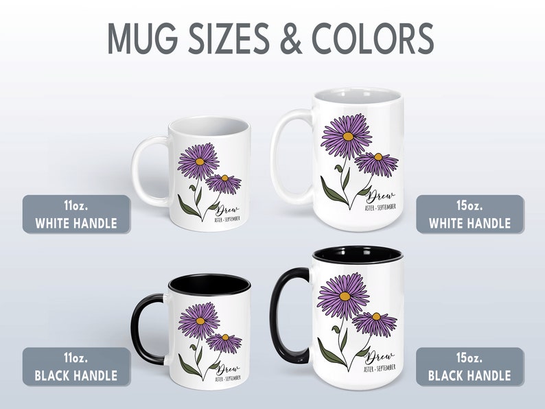 Puede incluir: Cuatro tazas con fondo blanco y dise&ntilde;o de flores moradas. Las tazas est&aacute;n disponibles en dos tama&ntilde;os: 11 oz y 15 oz. Las tazas tambi&eacute;n tienen dos colores de asas: blanco y negro.