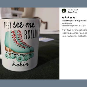 a coffee mug with roller skates on it