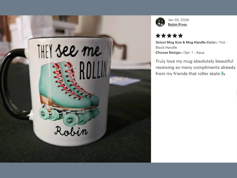 a coffee mug with roller skates on it