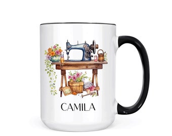 Personalized Sewing Machine Mug: Floral Seamstress Gift