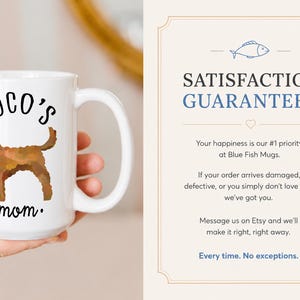 May include: White ceramic mug with a brown dog illustration and the text "COCO'S mom." The mug has a large handle and is held by a person. The mug is a dog-themed gift.