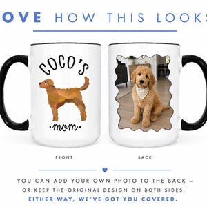 May include: White ceramic mug with a black handle and rim. The front features a brown dog illustration with the text "COCO'S mom." The back displays a photo of a dog. The text "LOVE HOW THIS LOOKS?" is at the top.