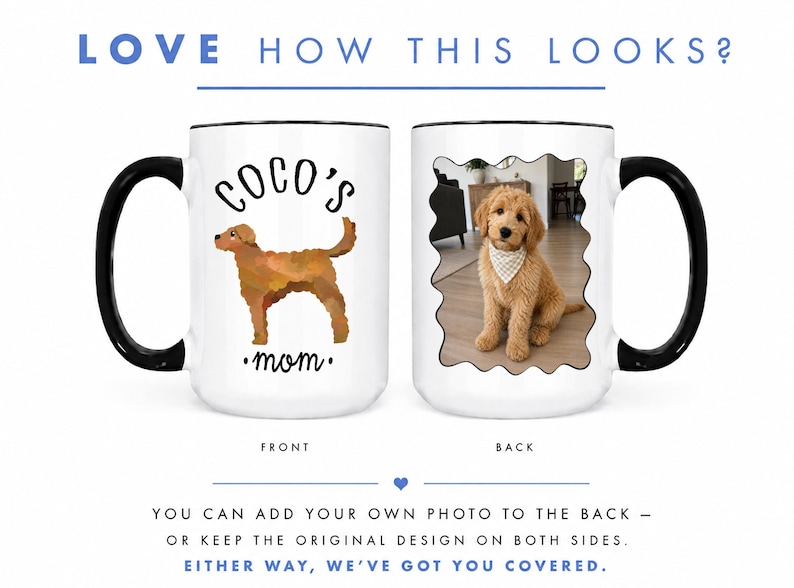 May include: White ceramic mug with a black handle and rim. The front features a brown dog illustration with the text "COCO'S mom." The back displays a photo of a dog. The text "LOVE HOW THIS LOOKS?" is at the top.