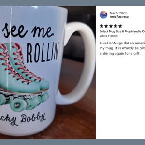 a coffee mug with roller skates painted on it