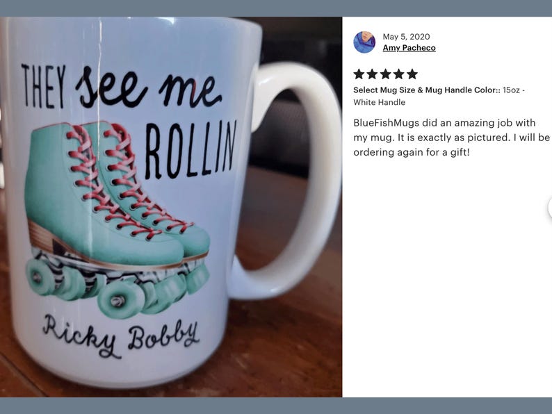 a coffee mug with roller skates painted on it