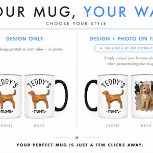 May include: White ceramic mugs with black handles and rims. One mug features a golden retriever illustration and the text "TEDDY'S mom." The other mug has a photo of a golden retriever. The text "YOUR MUG, YOUR WAY" is at the top.