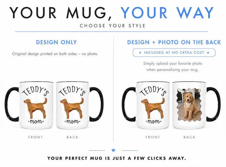 May include: White ceramic mugs with black handles and rims. One mug features a golden retriever illustration and the text "TEDDY'S mom." The other mug has a photo of a golden retriever. The text "YOUR MUG, YOUR WAY" is at the top.