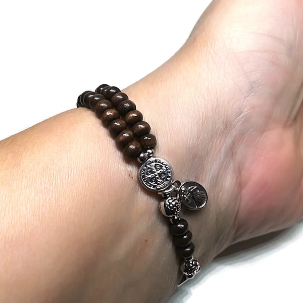 Handmade Catholic tiny wood stretch rosary bracelet Divine Mercy & St Benedict medal, men women teen rosary | AndavyGifts Catholic gifts