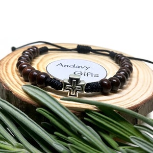 Christian cross bracelet with small wooden beads, Catholic string cord friendship bracelets, Christian jewelry and gifts | AndavyGifts