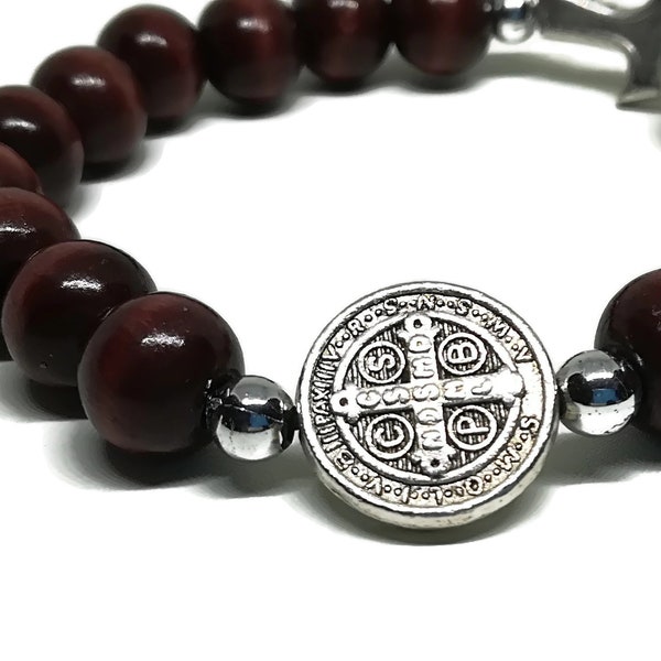 Wooden St Benedict protection rosary bracelet with Tau cross, single decade stretch rosary | AndavyGifts Catholic gifts store