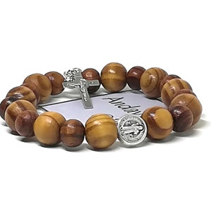 Wooden Saint Benedict protection bracelet for men women or kids, Catholic stretch bracelets with cross pendant | AndavyGifts Catholic gifts